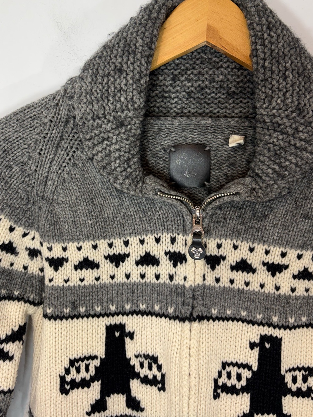 Aritzia TNA Lambswool Zip-Up Sweater Grey Bird Print Small - Picture 13 of 13